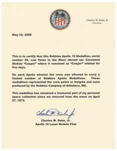 Lot #3440 Charlie Duke's Apollo 16 Flown Robbins Medallion - Image 4