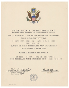 Lot #3403 Al Worden's Meritorious Service Award and Air Force Retirement Certificate - Image 6