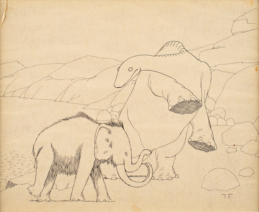 Gertie and Jumbo the Mastodon production drawing from Gertie the Dinosaur |  Sold for $12,501 | RR Auction