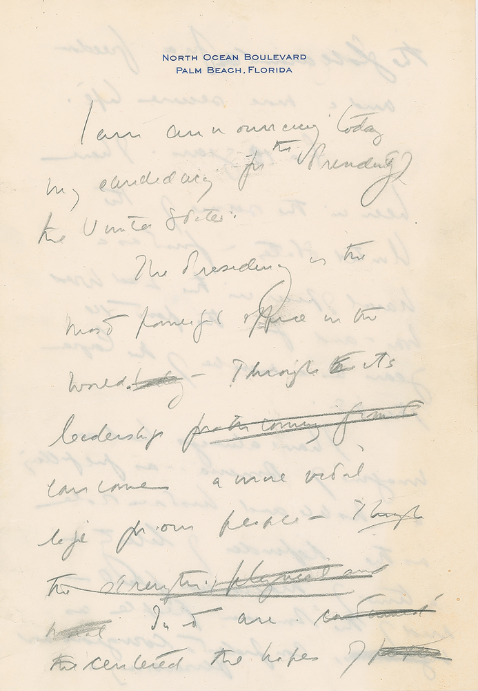 Lot #38 John F. Kennedy Historic 3-Page Handwritten Draft for his Speech Announcing his Intention to Run for the Presidency in 1960
