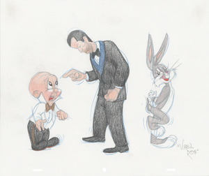 Lot #867 Bugs Bunny, Humphrey Bogart, and Elmer Fudd Original Drawing by Virgil Ross - Image 1