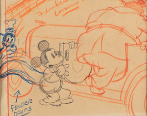 Lot #631 Mickey Mouse, Goofy, and Peg Leg Pete production storyboard drawing from Mickey's Service Station