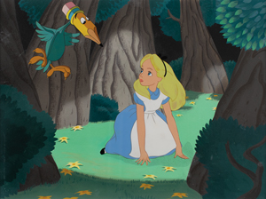 Lot #697 Alice and Pencil Bird production cels on production master background from Alice in Wonderland - Image 1