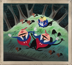 Lot #698 Mary Blair original concept painting of Alice and Tweedle Dee and Tweedle Dum for Alice in Wonderland - Image 1
