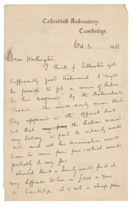 Lot #4019 J. J. Thomson Autograph Letter Signed on Silberstein's Lectures (October 3, 1911)