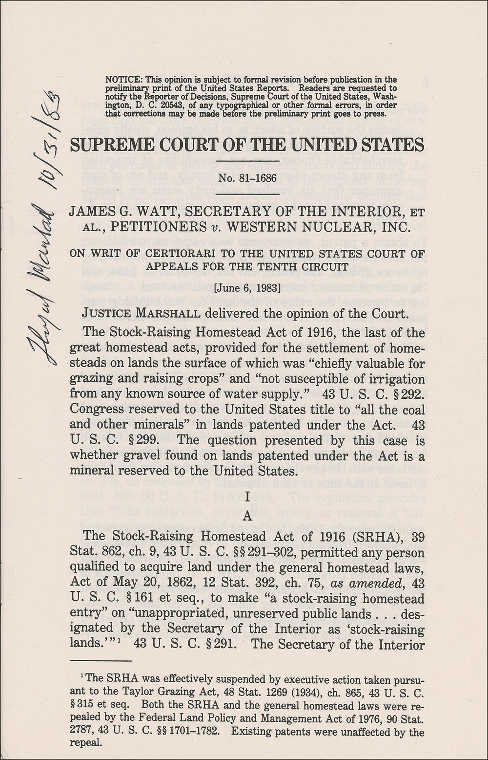 Lot #384 Supreme Court: Thurgood Marshall