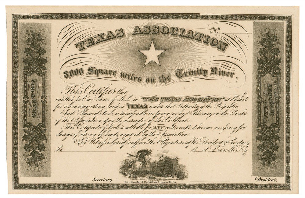 Lot #142 Texas Association Stock Certificate