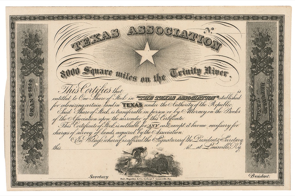 Lot #143 Texas Association Stock Certificate