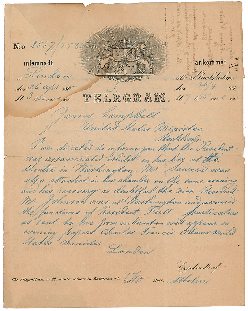 Lot #109 Lincoln Assassination Telegram