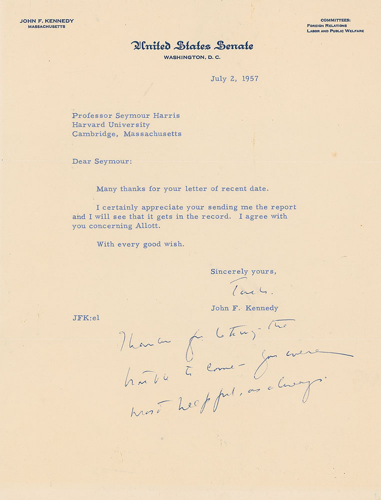 Lot #13 John F. Kennedy 1957 Letter