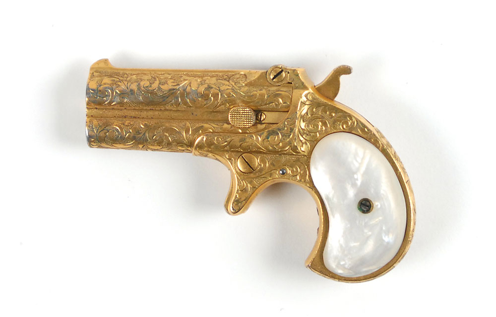 Lot #487 Cased and Engraved Gold- Plated Remington Double Derringer with Mother-of-Pearl Grips