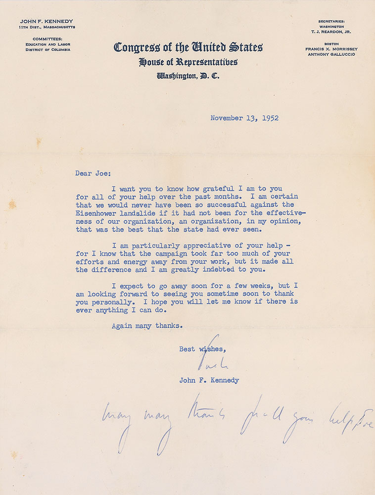 Lot #11 John F. Kennedy 1952 Letter