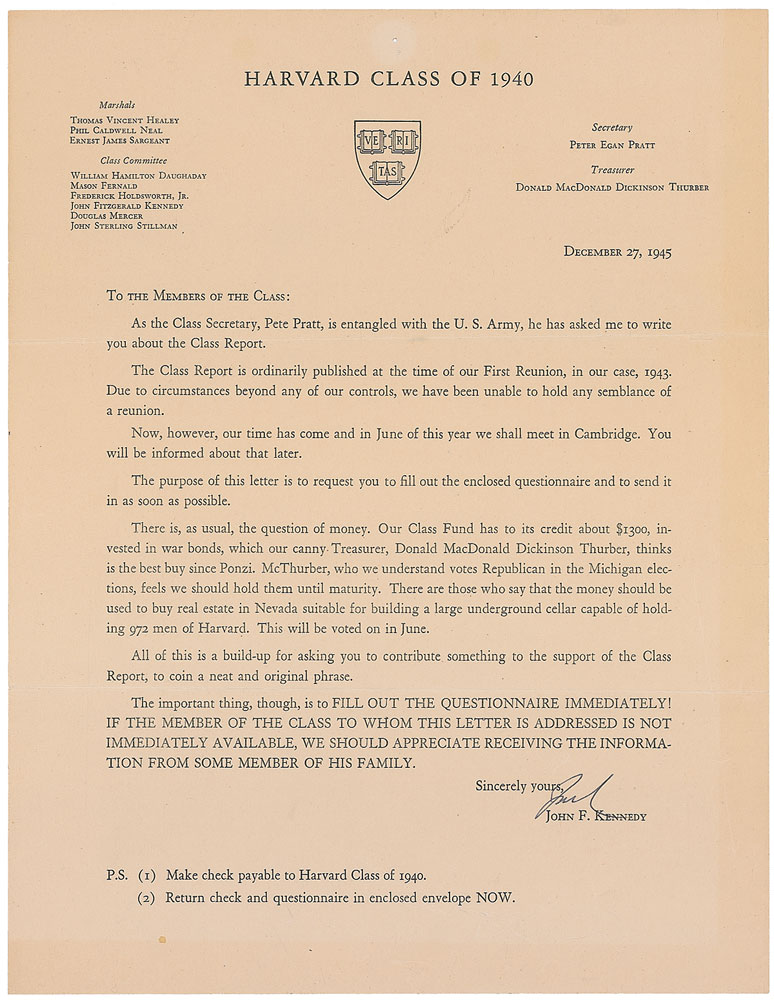 Lot #70 John F. Kennedy 1945 Typed Letter Signed