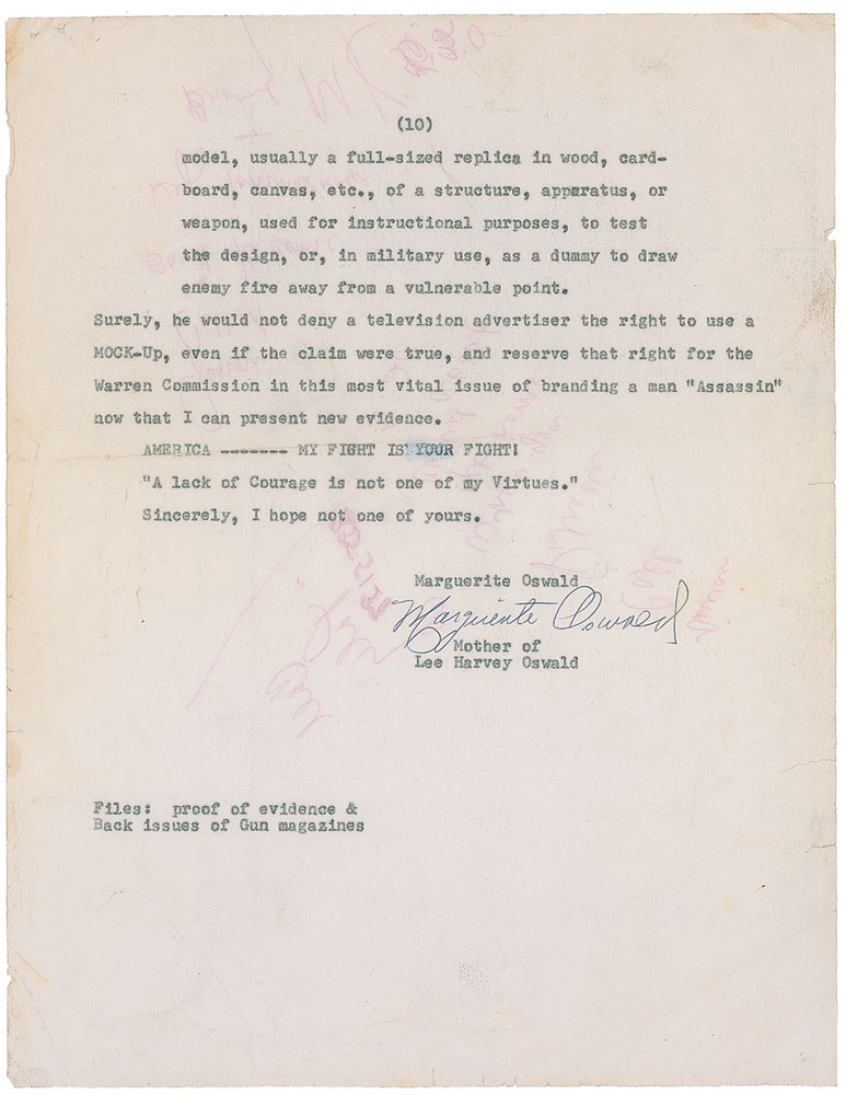 Lot #306 Marguerite Oswald Signed Typed Manuscript