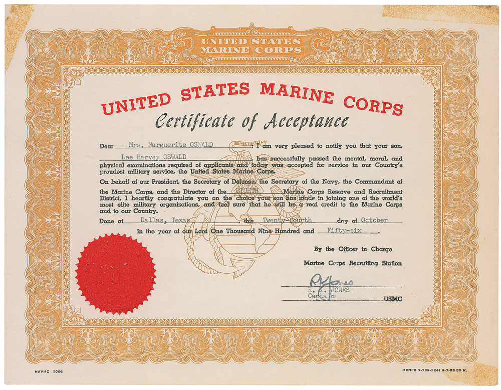 Lot #178 Lee Harvey Oswald 1956 US Marine Corps