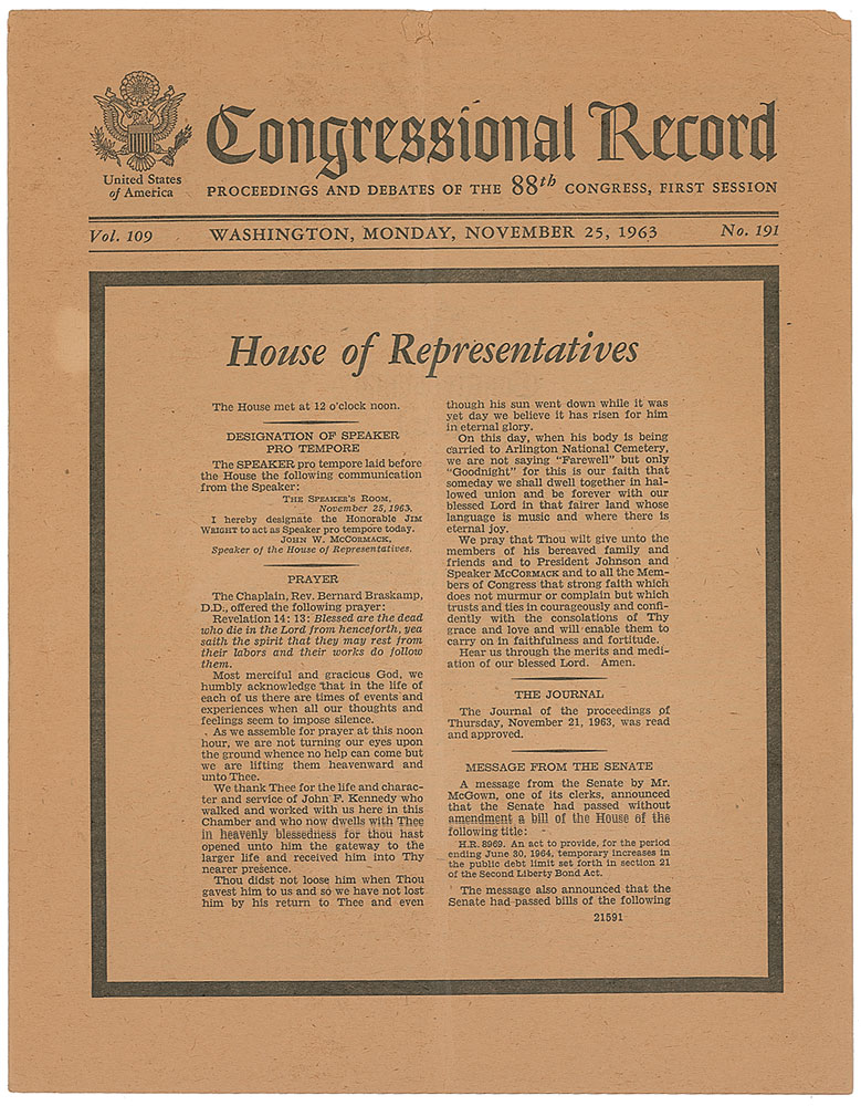 Lot #276 Congressional Record: November 25, 1963