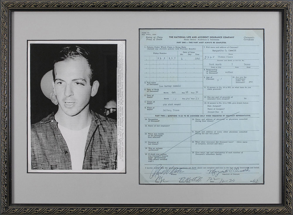 Lot #243 Lee Harvey Proof of Death Certificate for