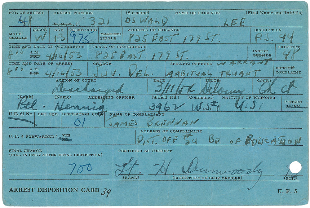 Lot #172 Lee Harvey Oswald 1953 Arrest Card