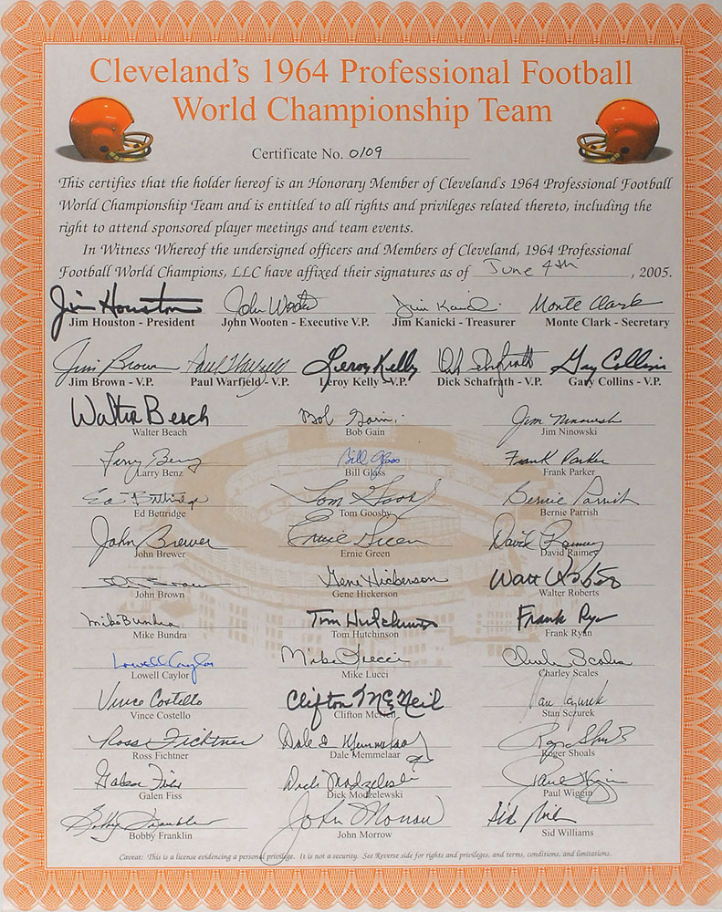 1964 Cleveland Browns Team Signed 16 x 20 Certificate