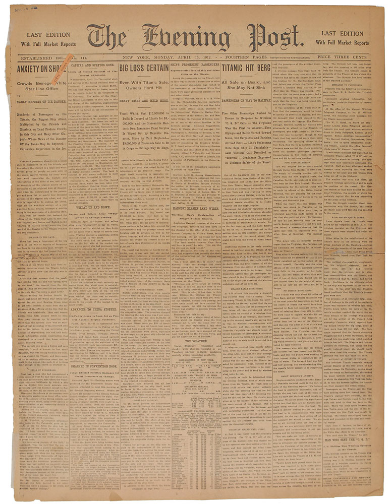 Lot #136 The New York Evening Post: April 15, 1912