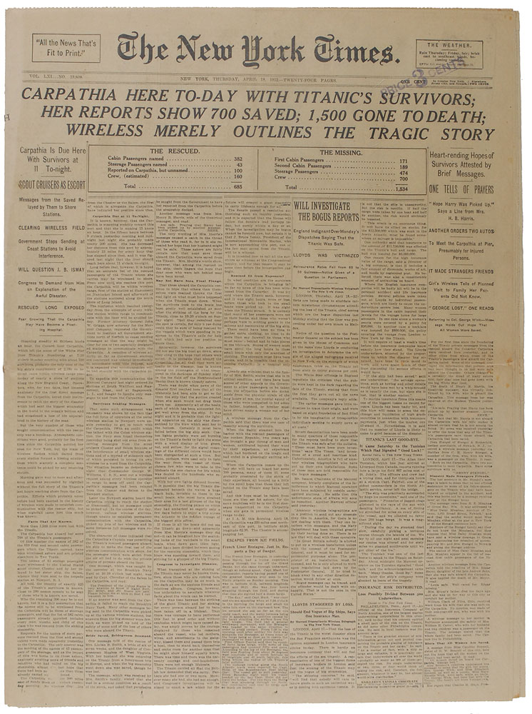Lot #138 New York Times: April 18, 1912