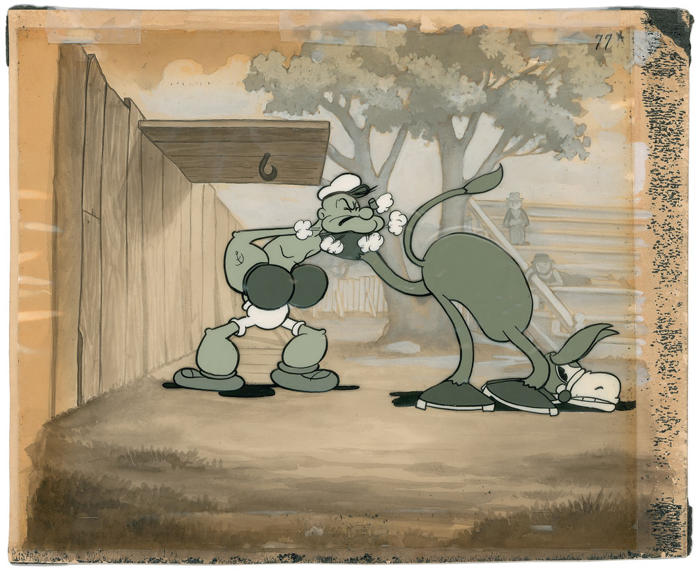 Lot #9 Popeye and Donkey production cel and production background from Let’s You and Him Fight - Image 1