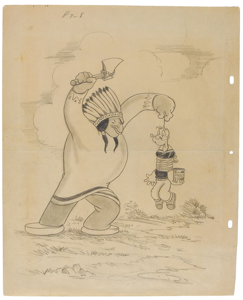 Lot #11 Popeye and Indian Chief concept drawing for a movie poster from Big Chief Ugh-Amugh-Ugh