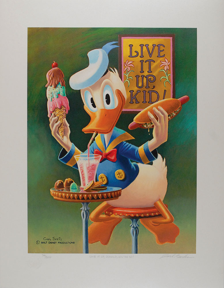 Lot #578 Carl Barks limited edition signed lithograph ‘Live It Up, Donald, You’re 50!’