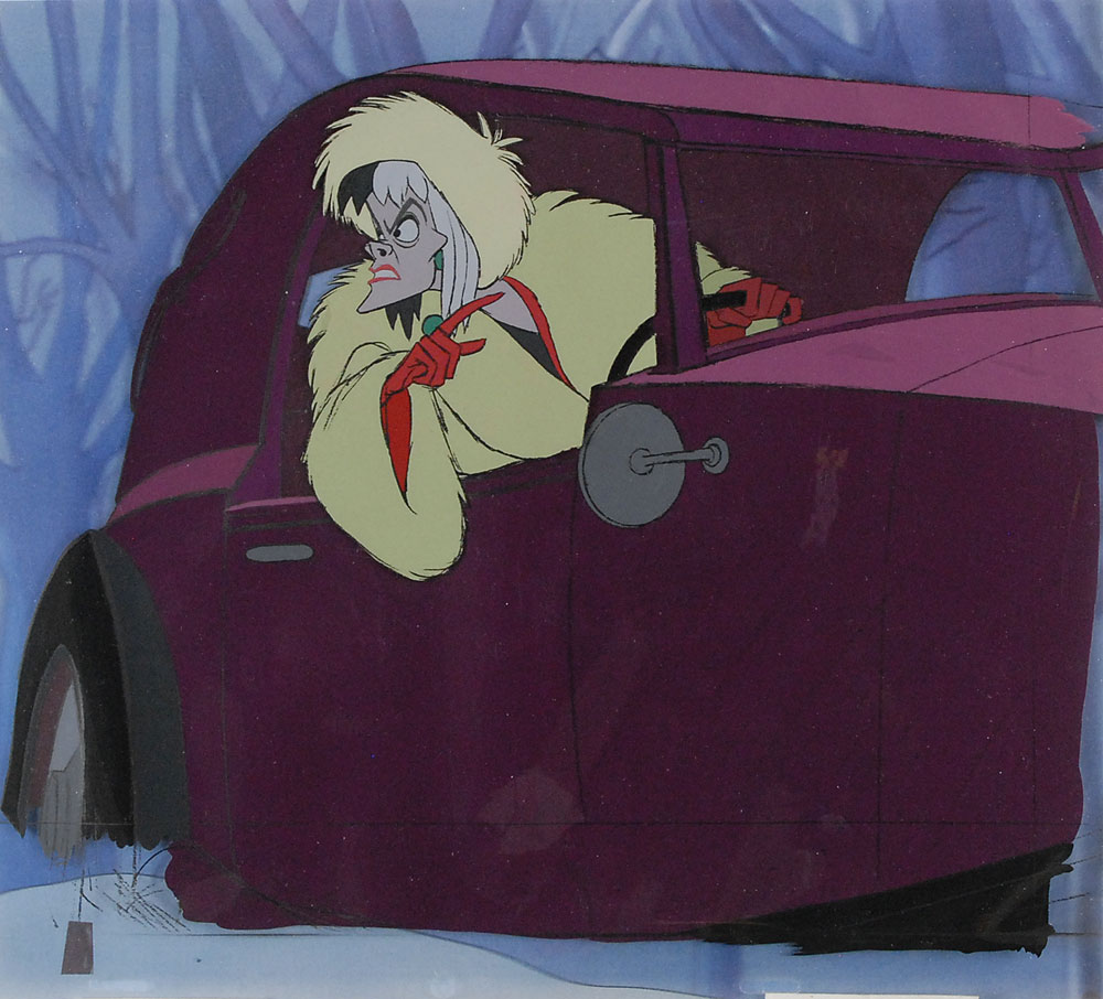 Lot #275 Cruella De Vil production cel and production animated background featuring her car from 101 Dalmatians