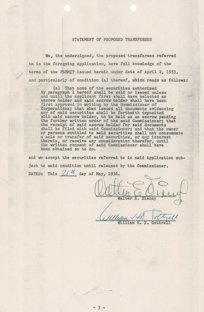 Lot #216 Walt Disney 1956 signed document