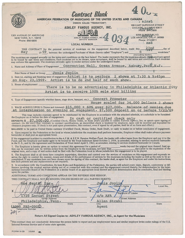 Lot #1074 Janis Joplin Signed Document