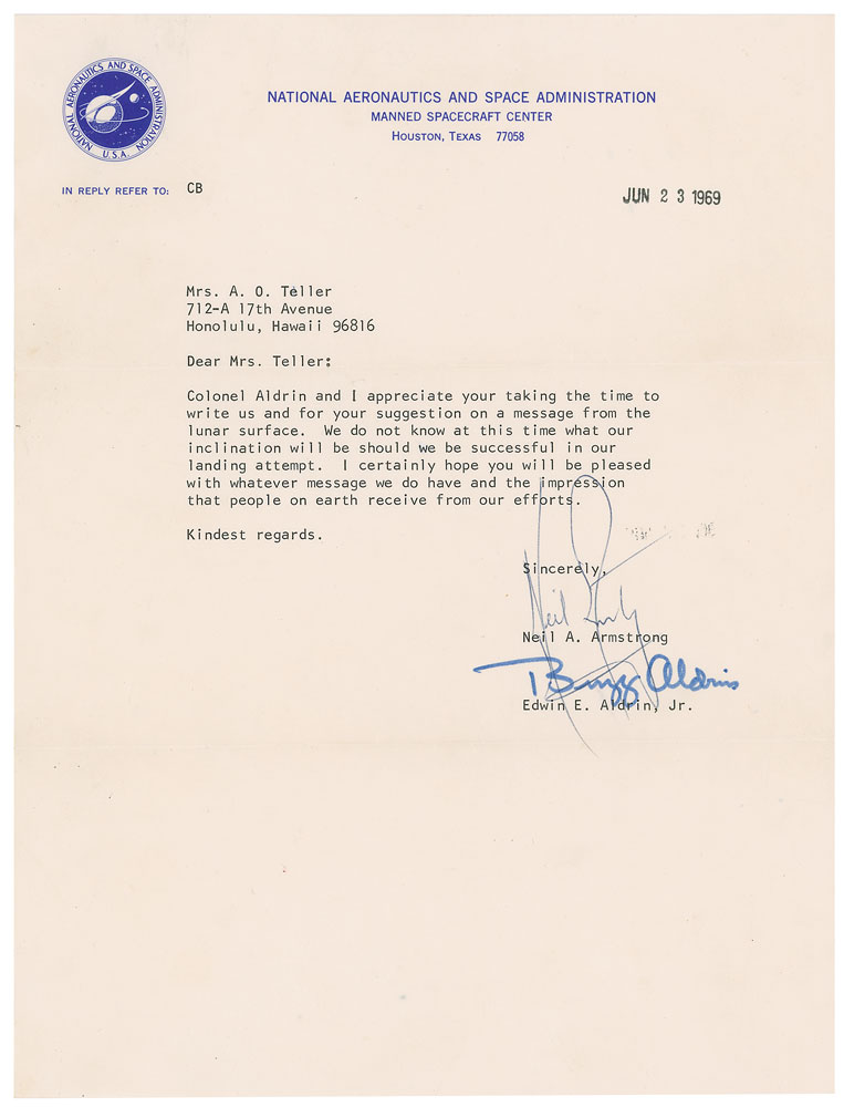 Lot #1052 Neil Armstrong and Buzz Aldrin Typed Letter Signed