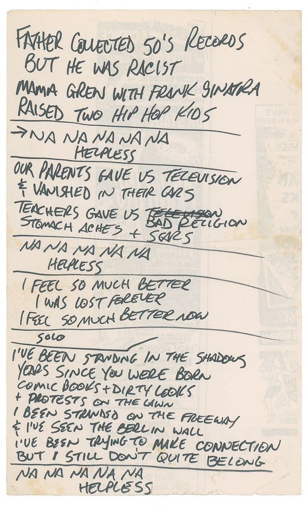 Lot #498 Joey Ramone’s Lyrics: Helpless