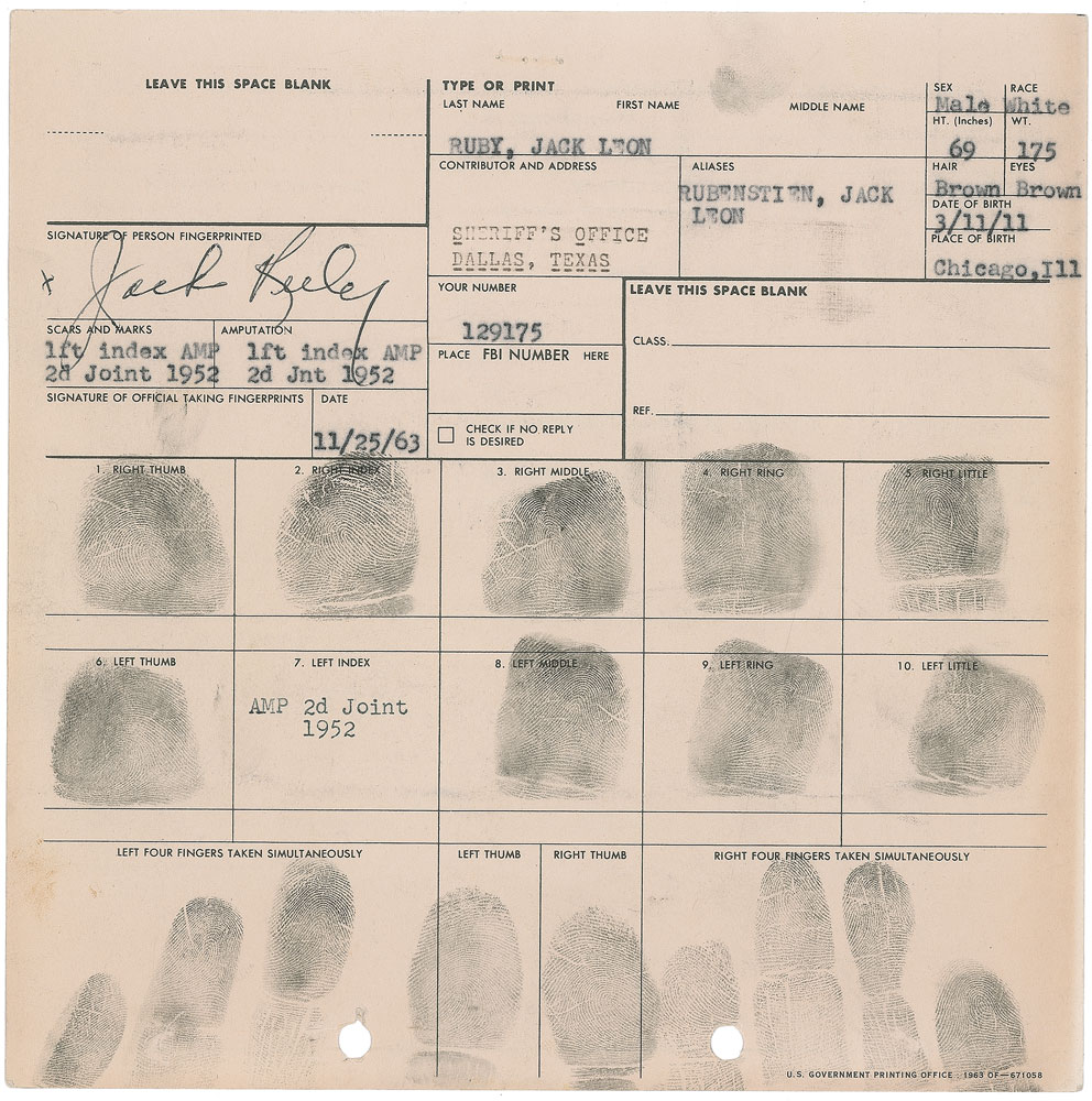 Lot #2065 Jack Ruby Fingerprint Card and Archive