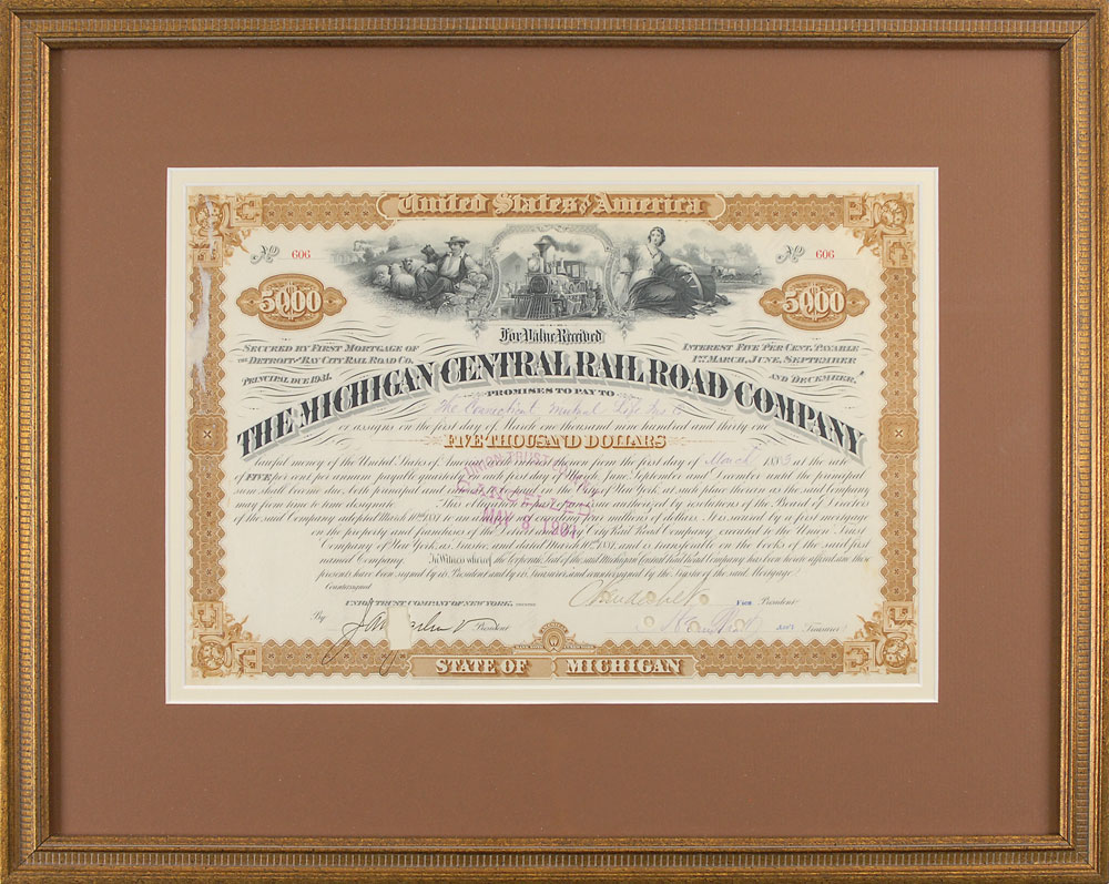 Lot #2076 Cornelius Vanderbilt, Jr. Signed Stock Certificate