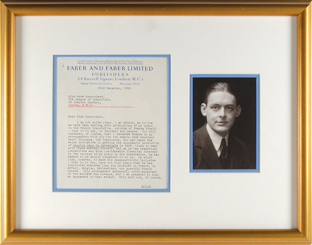 Lot #2125 T. S. Eliot Typed Letter Signed