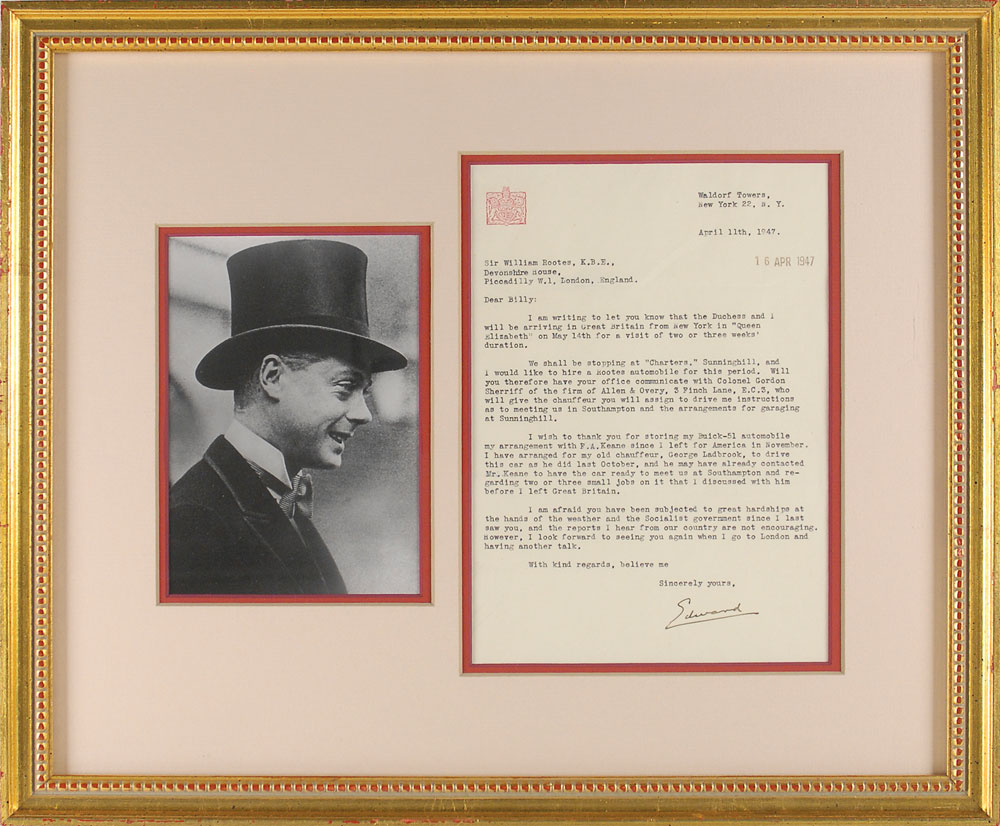 Lot #2068 Edward, Duke of Windsor Typed Letter Signed
