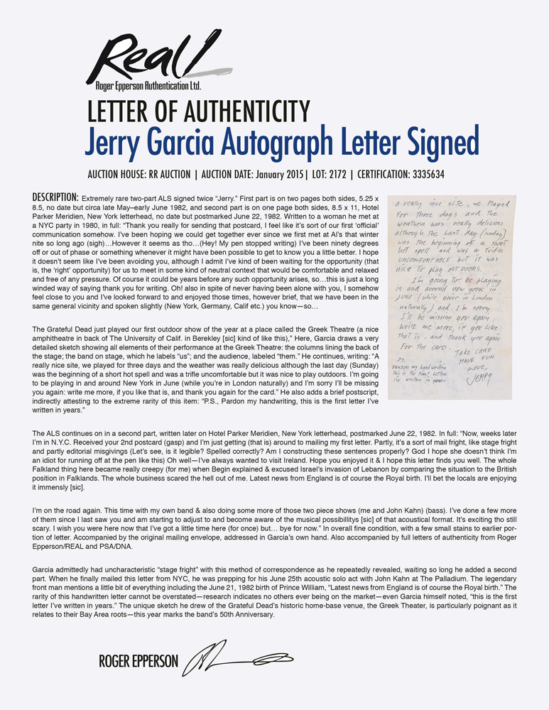 Lot #2172 Jerry Garcia Autograph Letter Signed - Image 10
