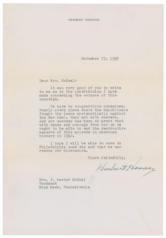 Lot #2010 Herbert Hoover Typed Letter Signed