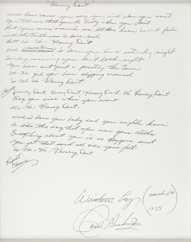 Lot #3223 Carl Perkins Handwritten and Signed Lyrics - Image 2