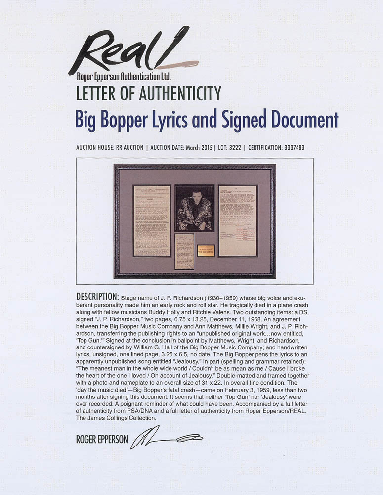 Lot #3222 Big Bopper Lyrics and Signed Document - Image 6