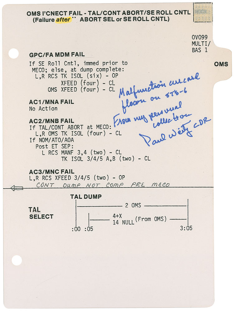 Lot #326 Paul Weitz’s STS-6 Flown Malfunction Card