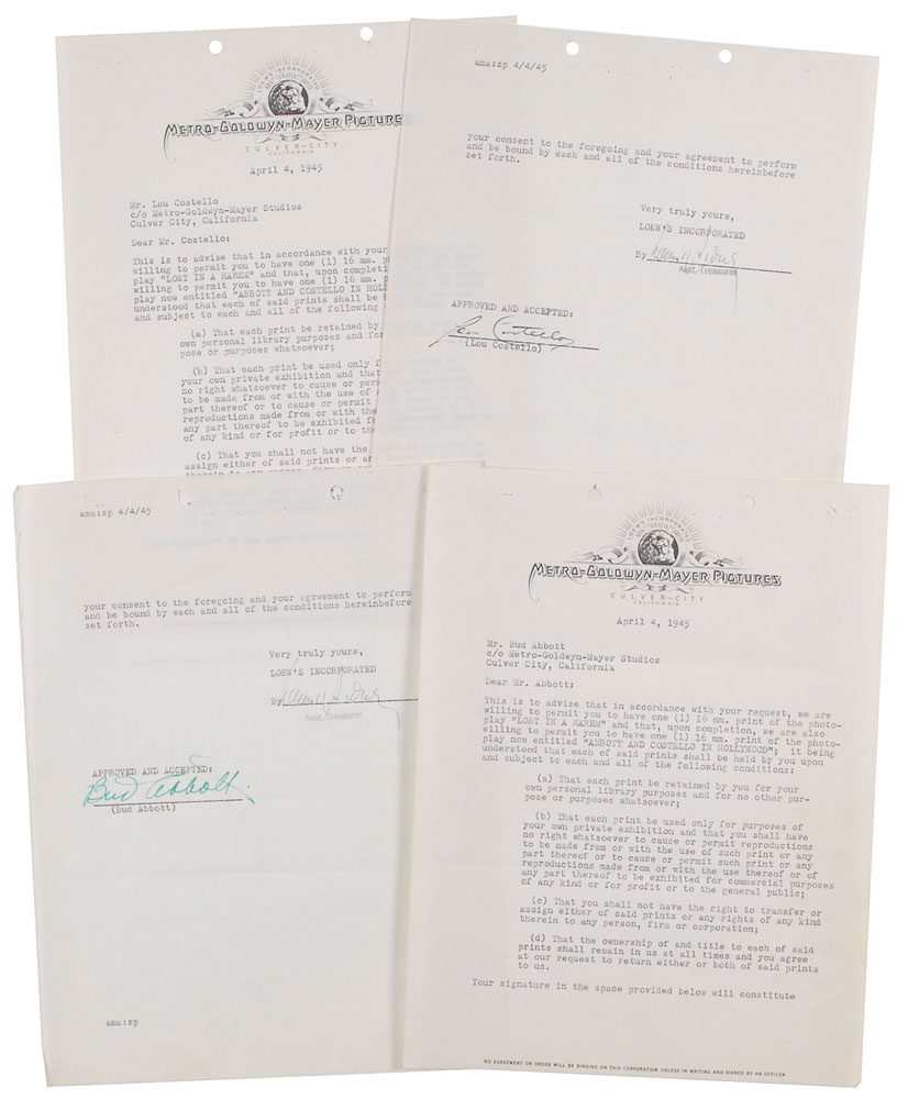 Lot #3111 Abbott and Costello Pair of Signed Documents