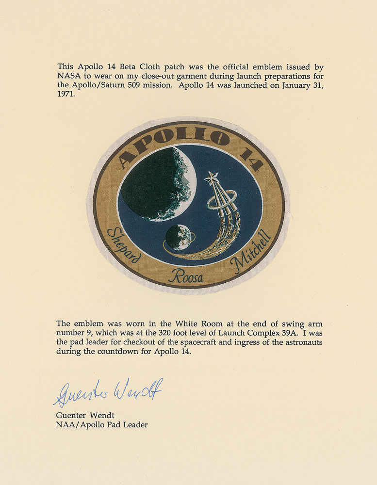 Lot #255 Guenter Wendt’s Apollo 14 Beta Emblem