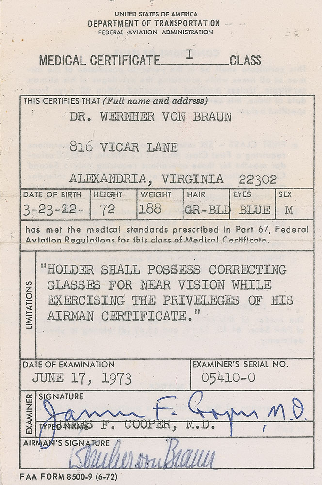 Lot #3 Wernher von Braun Signed Medical Card