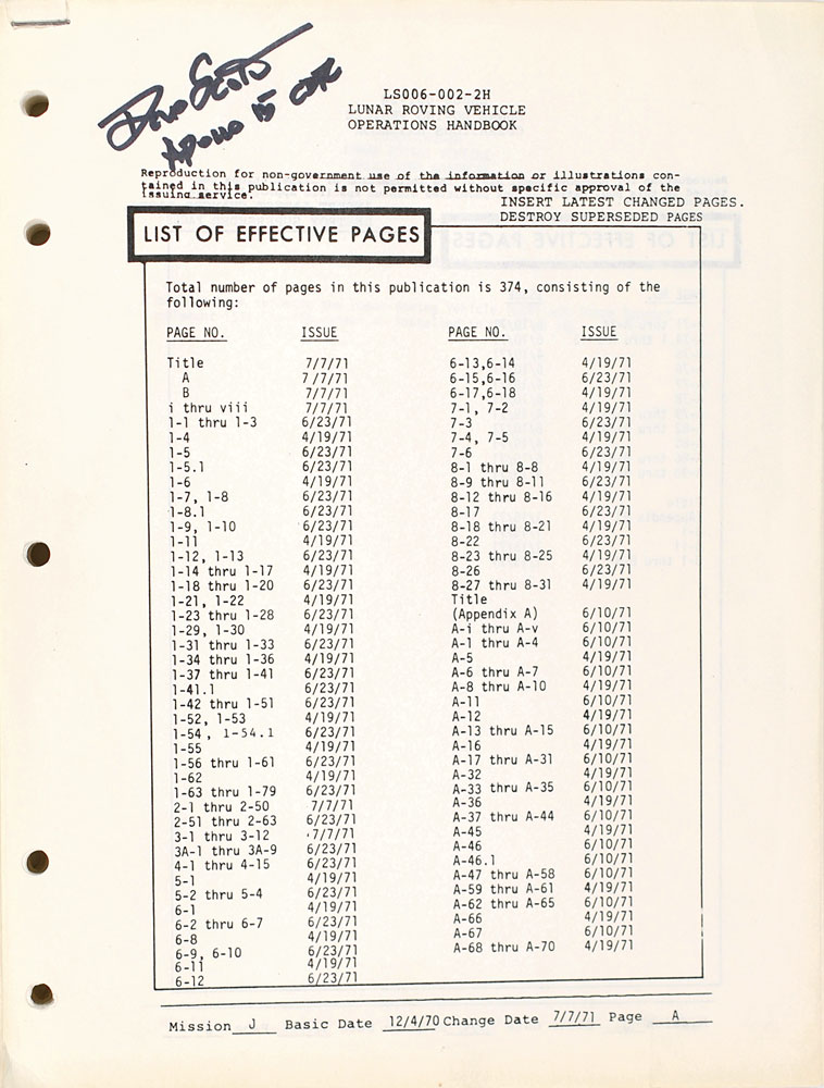 Lot #9424 Dave Scott Signed Apollo 15 Lunar Rover Handbook