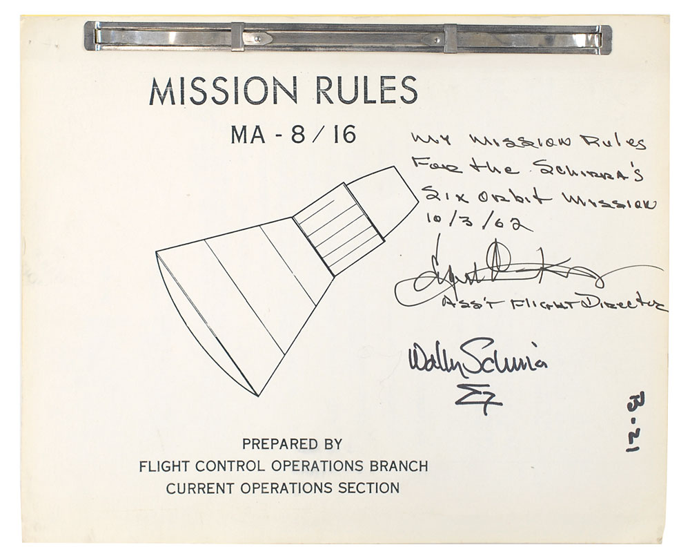Lot #5006 Gene Kranz’s MA-8 Mission Rules Signed by Schirra