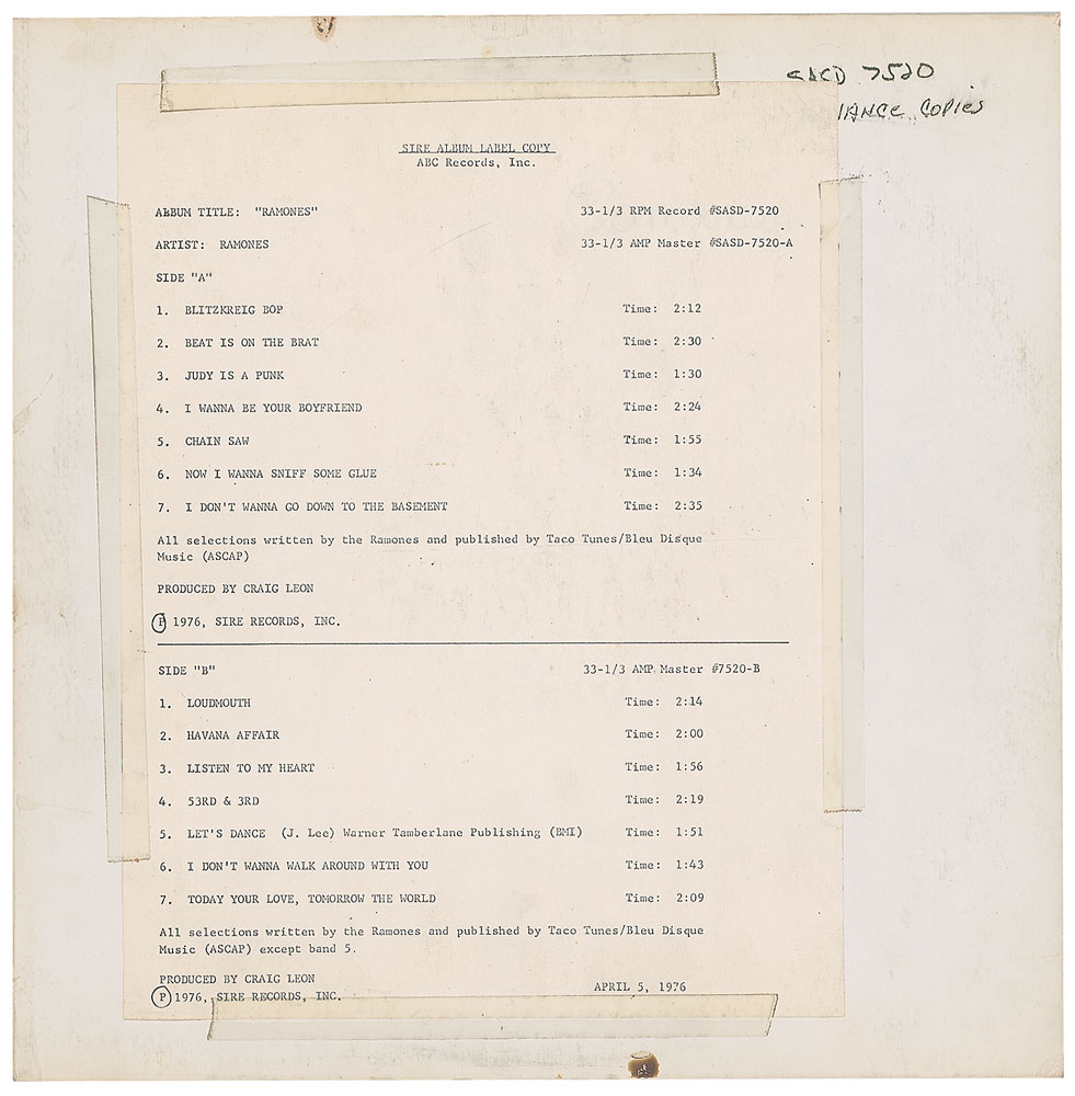 Lot #7452 The Ramones Debut Album Test Pressing