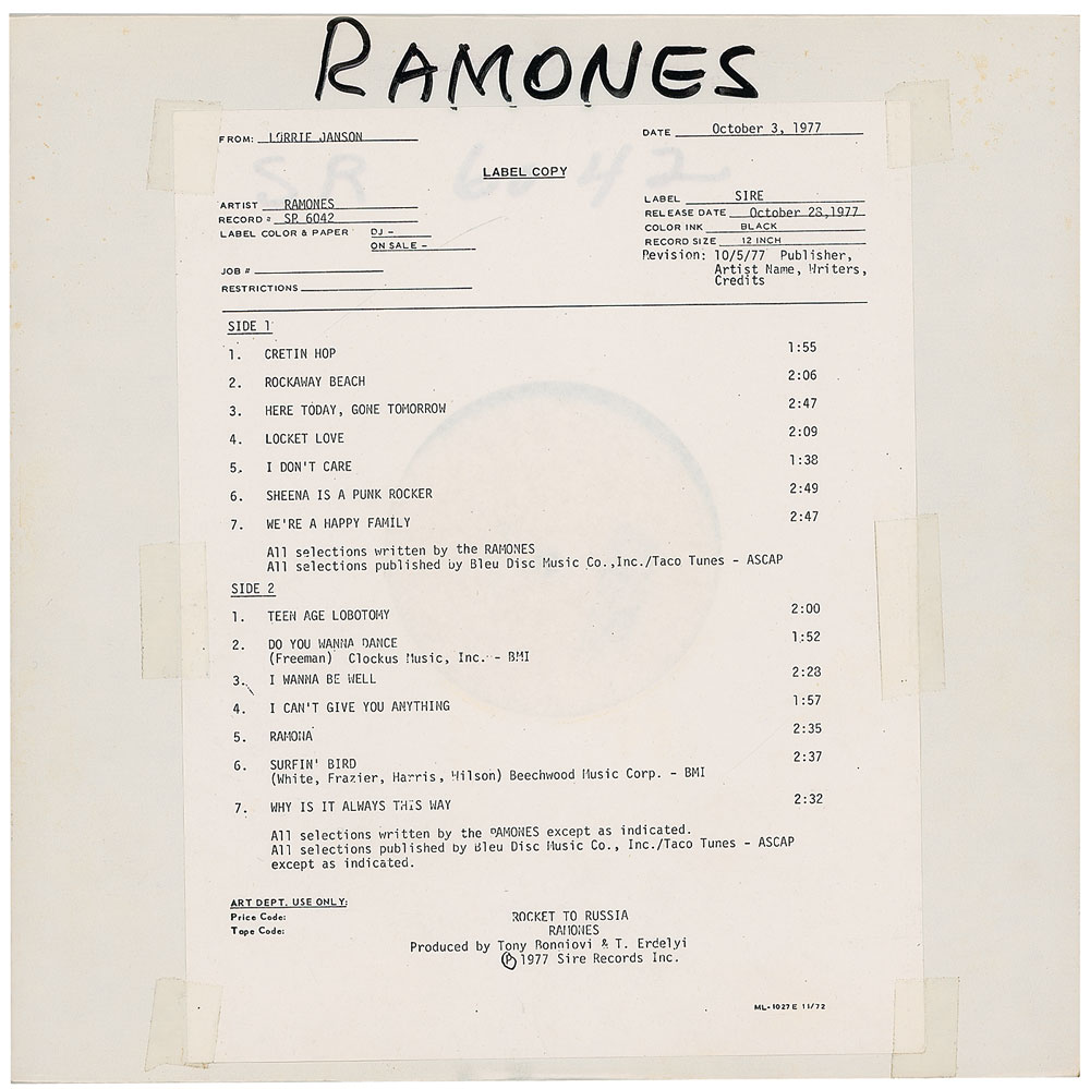 Lot #7451 The Ramones Rocket to Russia Test