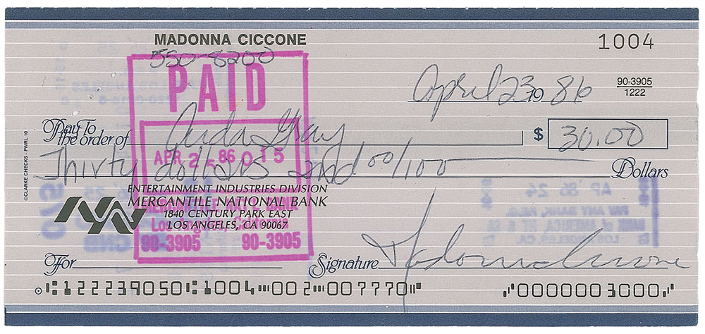 Lot #7163 Madonna Signed Check